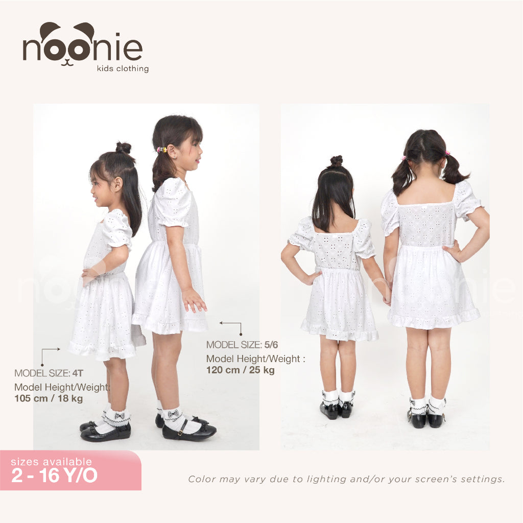 Noonie- Girls Dress (2-16Y)- Eyelet w/ lining - Kids Outfit for Girls -Puff Sleeves - Summer Beach