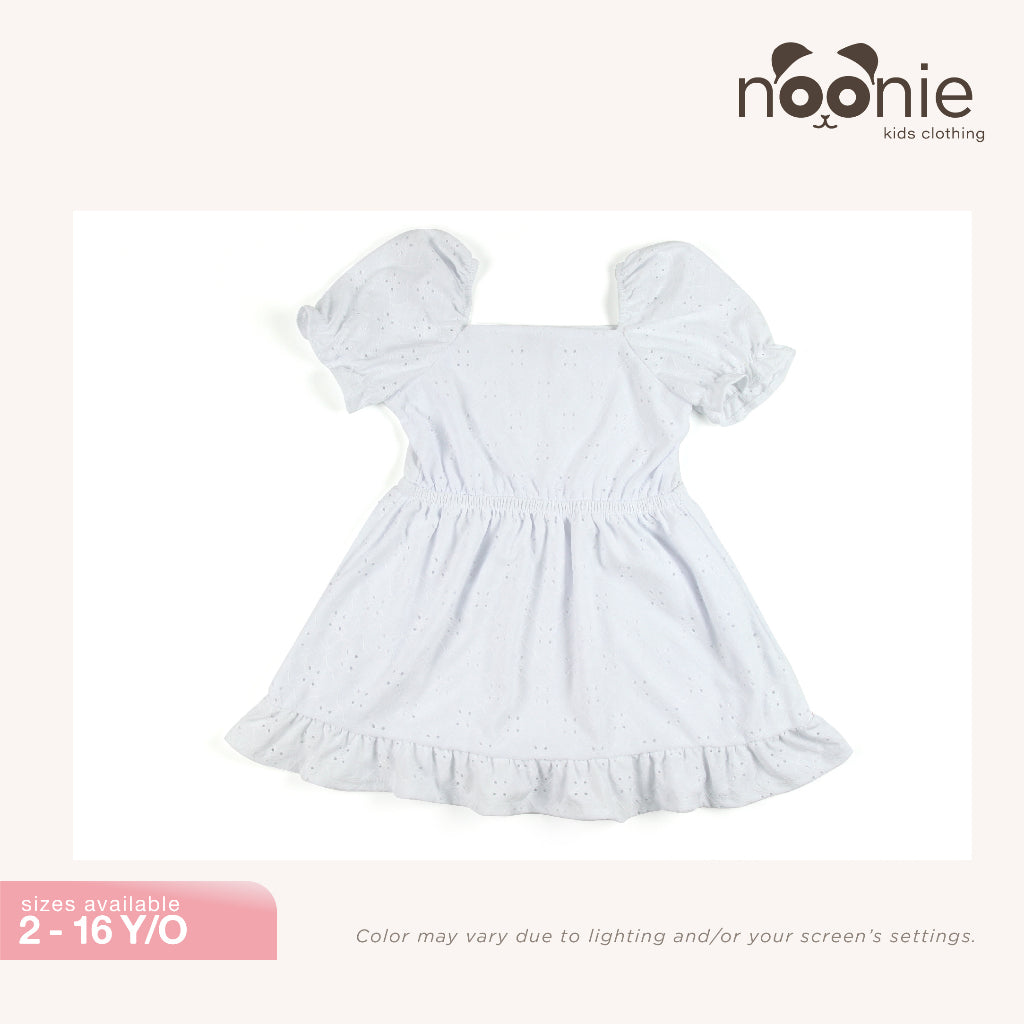 Noonie- Girls Dress (2-16Y)- Eyelet w/ lining - Kids Outfit for Girls -Puff Sleeves - Summer Beach