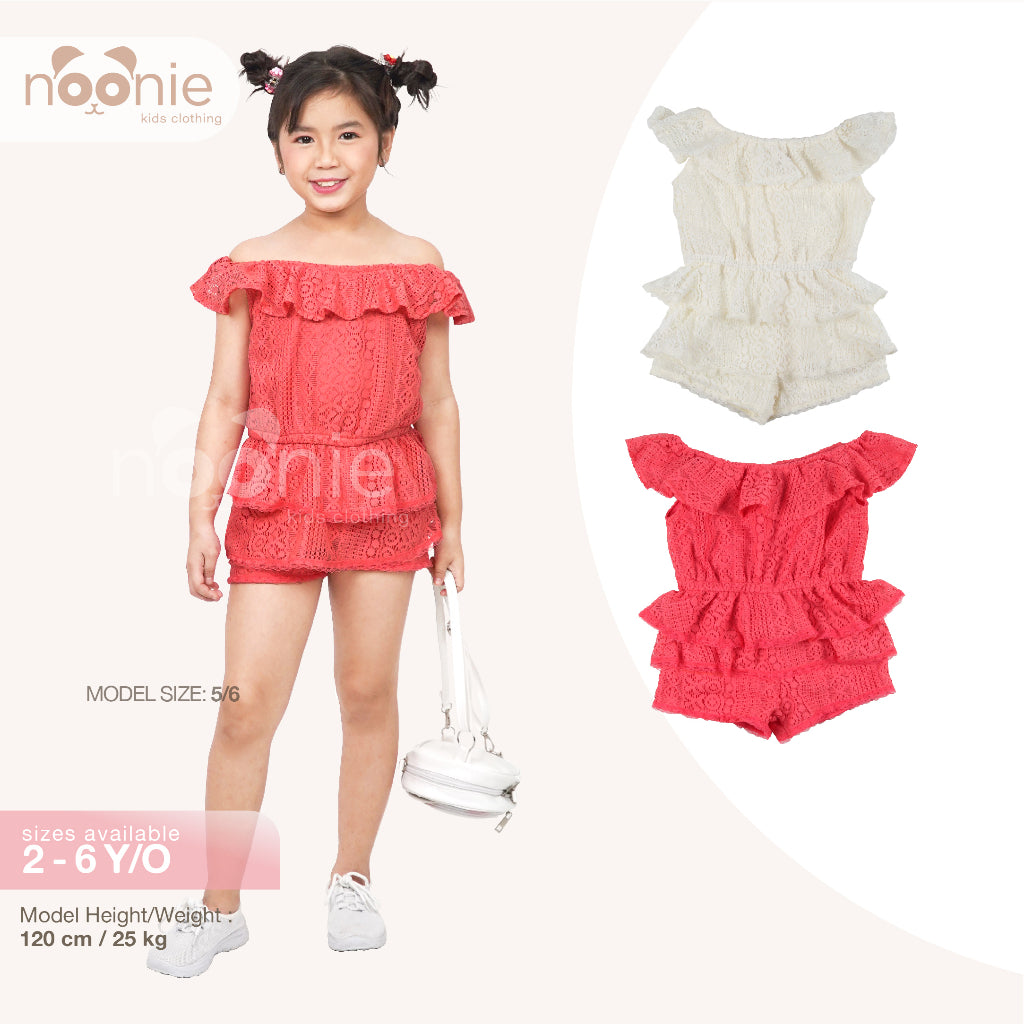 < Buy 1 Take 1 >Noonie- Girls Romper (2-7Y)- Off Shoulder Lace w/ lining Shorts Jumpsuit