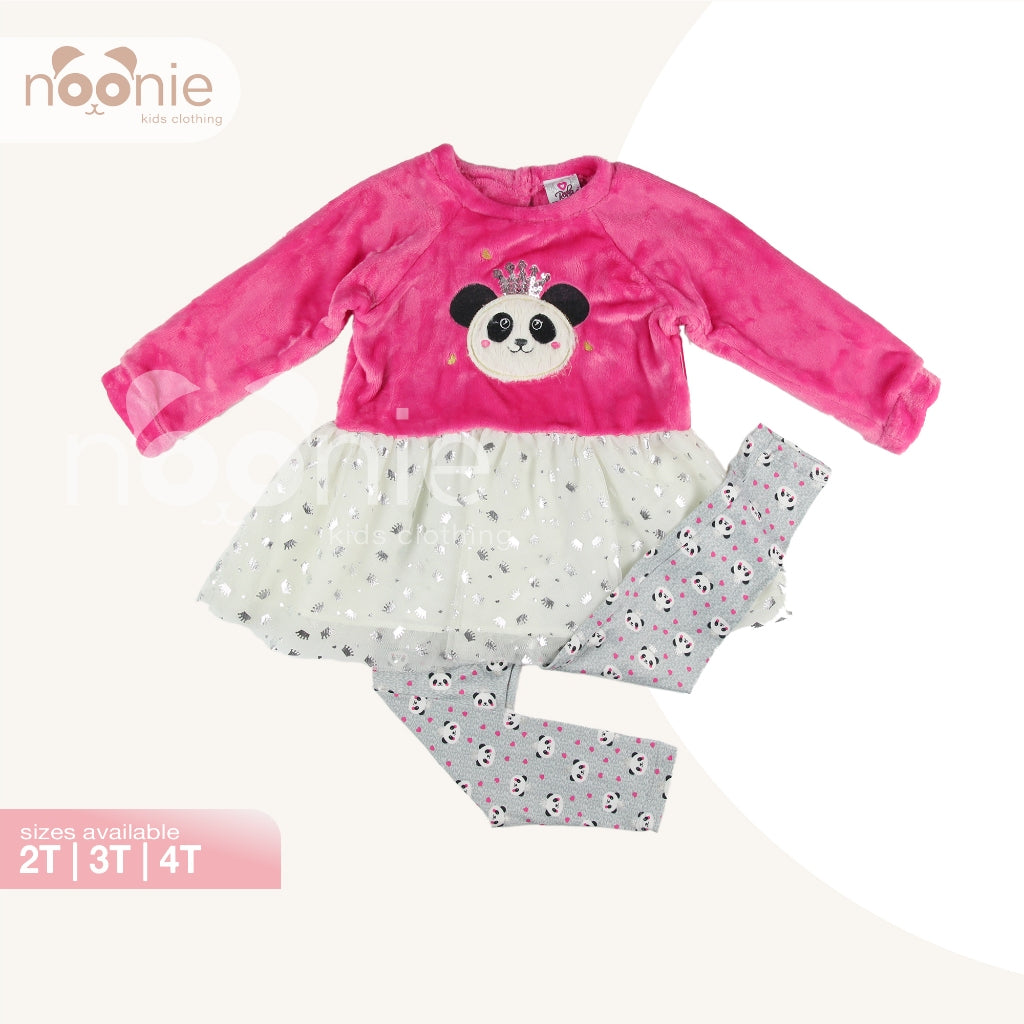 Noonie- Girls Set (2-4Y) - Peplum Sweater & Leggings - Faux Fur Panda Glittery