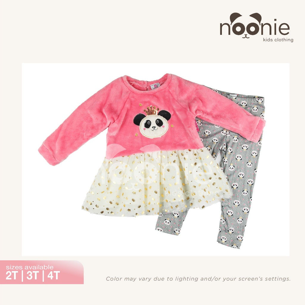 Noonie- Girls Set (2-4Y) - Peplum Sweater & Leggings - Faux Fur Panda Glittery