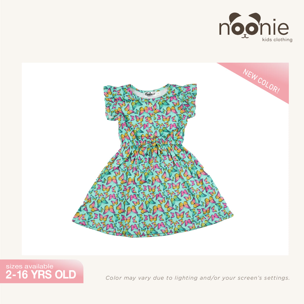 Noonie - Girls Dress (2-16Y) - Kids Outfit for Girls - Flutter Sleeves W/ Placket - Stretchable