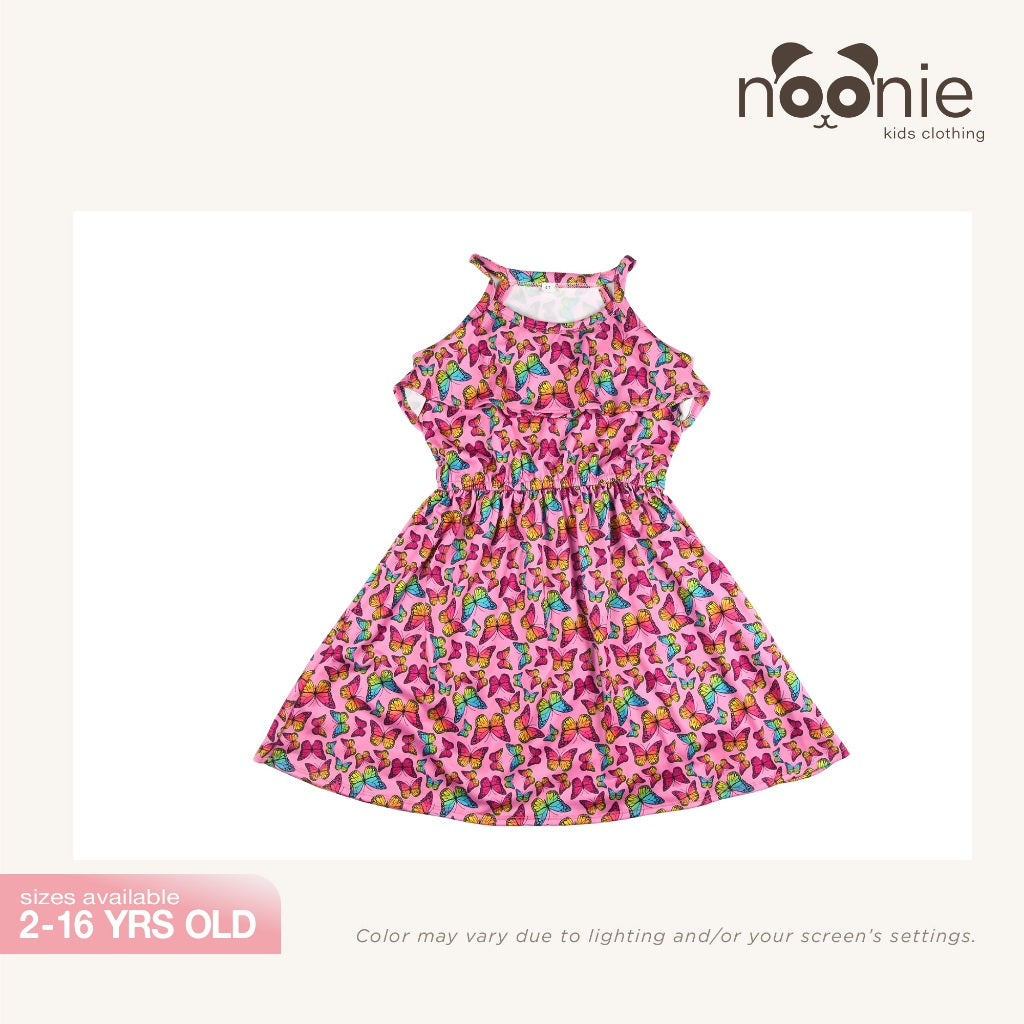Noonie - Girls Halter Dress (2-16Y) - Kids Outfit for Girls - Butterfly Flowers Ruffle Party Dress