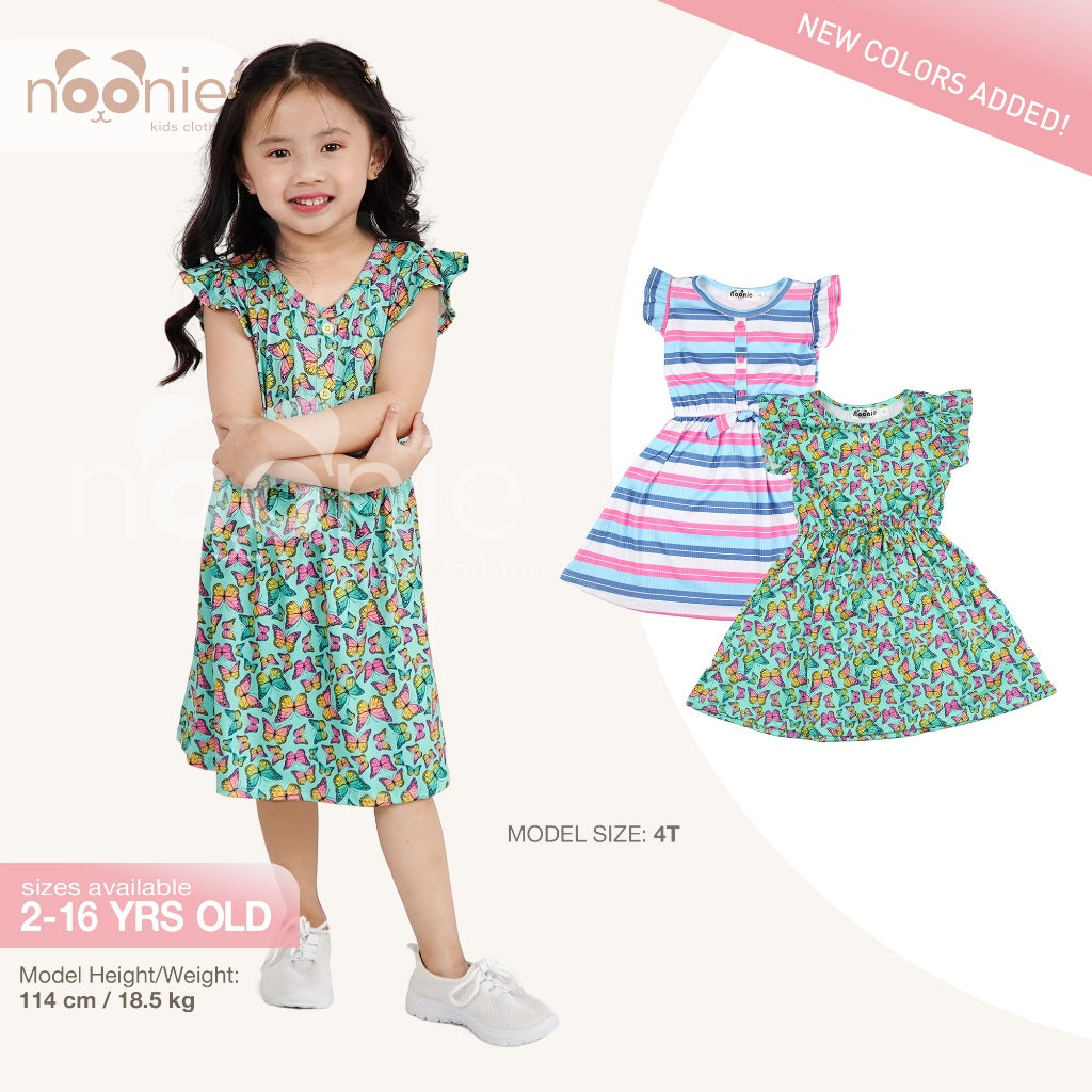Noonie - Girls Dress (2-16Y) - Kids Outfit for Girls - Flutter Sleeves W/ Placket - Stretchable