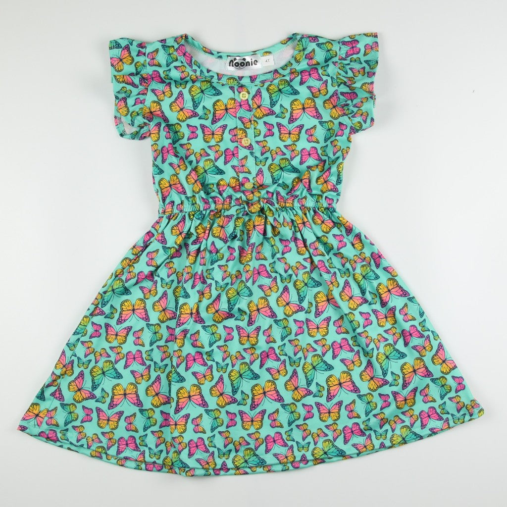 Noonie - Girls Dress (2-16Y) - Kids Outfit for Girls - Flutter Sleeves W/ Placket - Stretchable