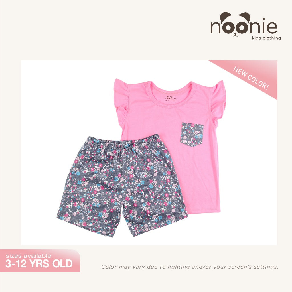 Noonie - Girls Terno (2-12Y)- Cotton Flutter Sleeves and Shorts Set- Terno Outfit for Kids Girl