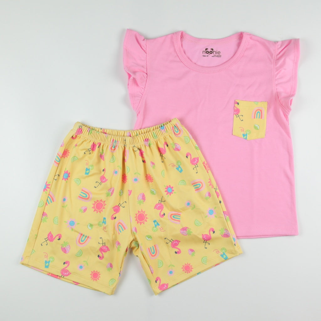 Noonie - Girls Terno (2-12Y)- Cotton Flutter Sleeves and Shorts Set- Terno Outfit for Kids Girl