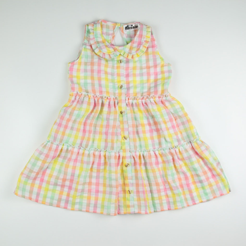 Noonie - Girls Dress (2-4Y) - Gingham Cotton Tiered Dress - Seersucker - Kids Outfit for Girls
