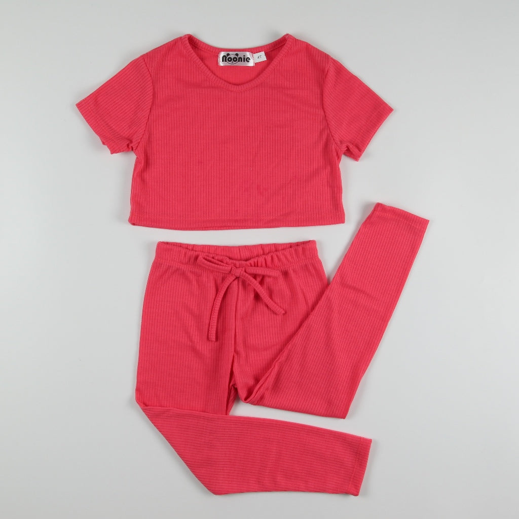 Noonie - Girls Set (2-16Y) - Crop Top & Leggings Stretchable - Terno Outfit for Kids Girl - Plain