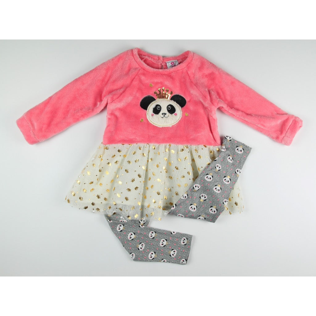 Noonie- Girls Set (2-4Y) - Peplum Sweater & Leggings - Faux Fur Panda Glittery