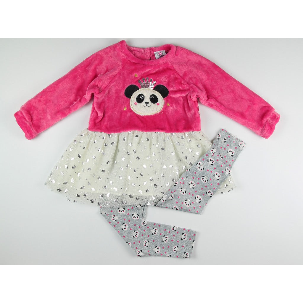 Noonie- Girls Set (2-4Y) - Peplum Sweater & Leggings - Faux Fur Panda Glittery