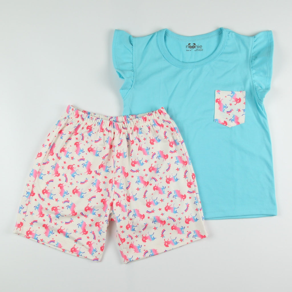 Noonie - Girls Terno (2-12Y)- Cotton Flutter Sleeves and Shorts Set- Terno Outfit for Kids Girl