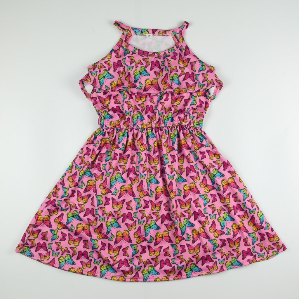 Noonie - Girls Halter Dress (2-16Y) - Kids Outfit for Girls - Butterfly Flowers Ruffle Party Dress