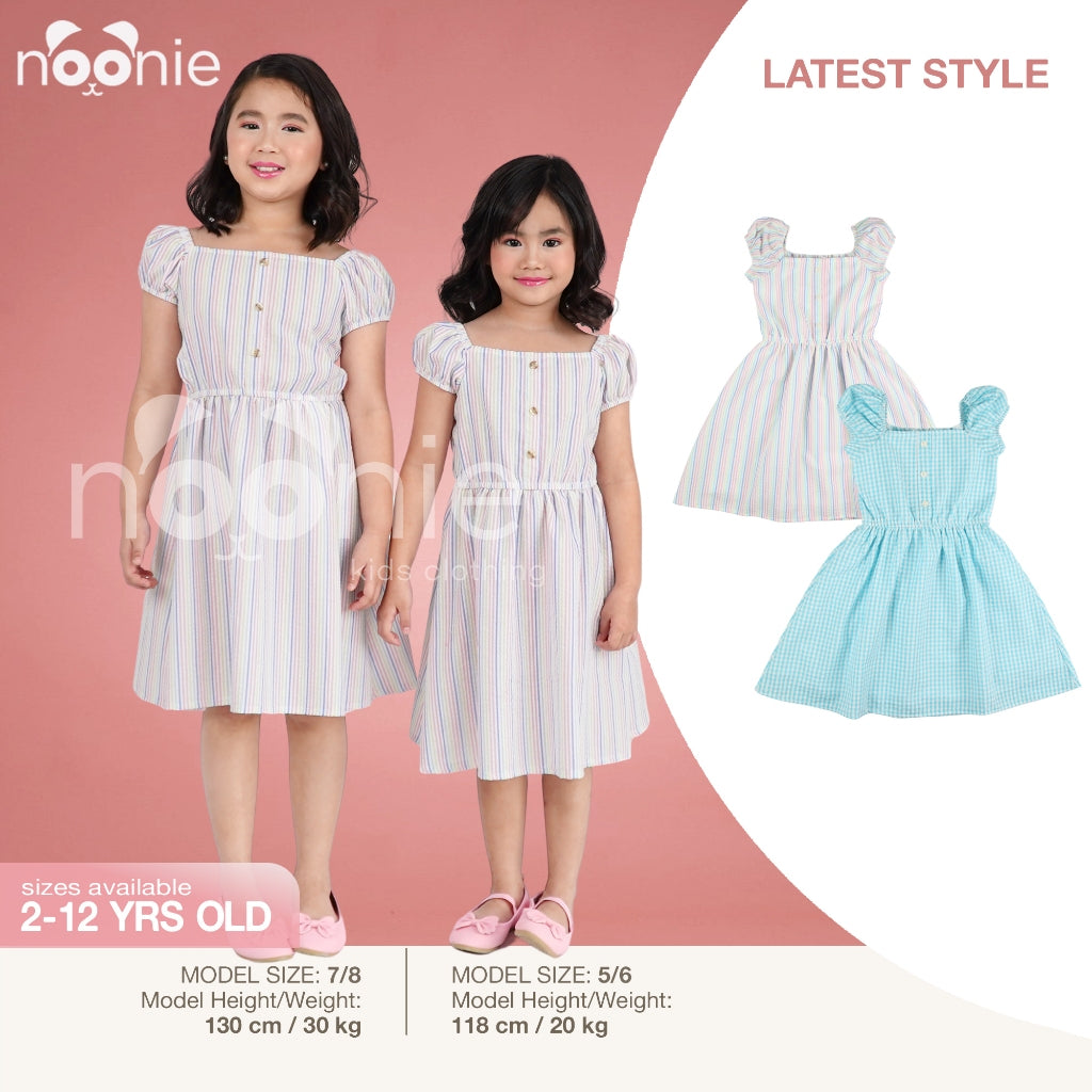 Noonie - Girls Dress (2-12Y) - Cotton Puff Sleeves - Seersucker - Kids Outfit for Girls -Comfortable