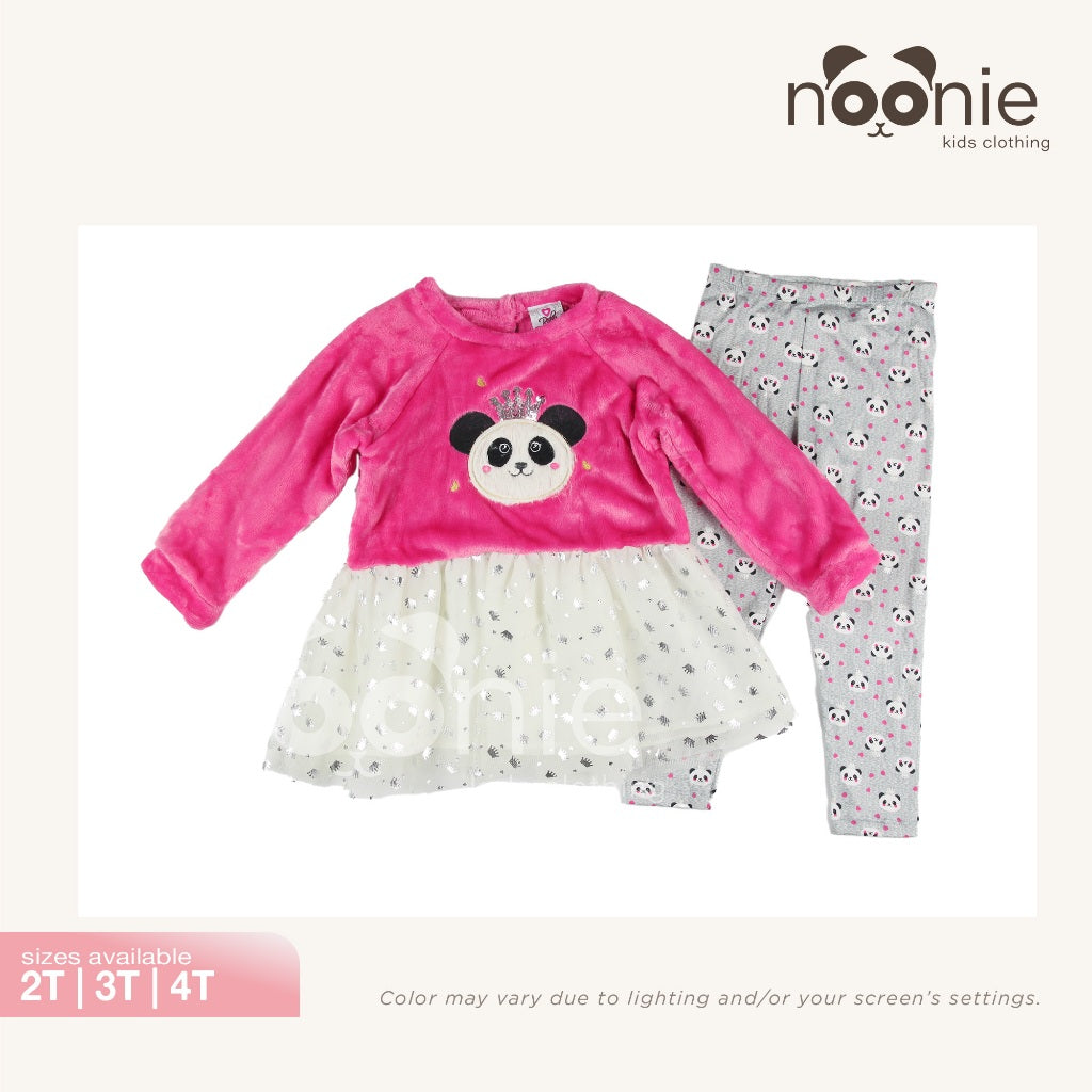 Noonie- Girls Set (2-4Y) - Peplum Sweater & Leggings - Faux Fur Panda Glittery