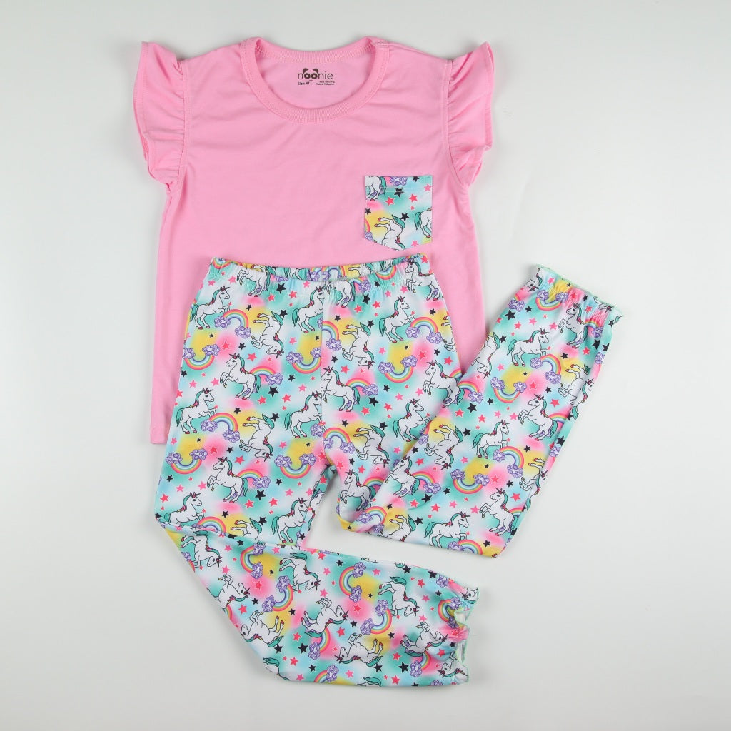 Noonie - Girls Terno (2-12Y) - Cotton Flutter Sleeve & Pajama Set - Sleepwear Terno - Pambahay