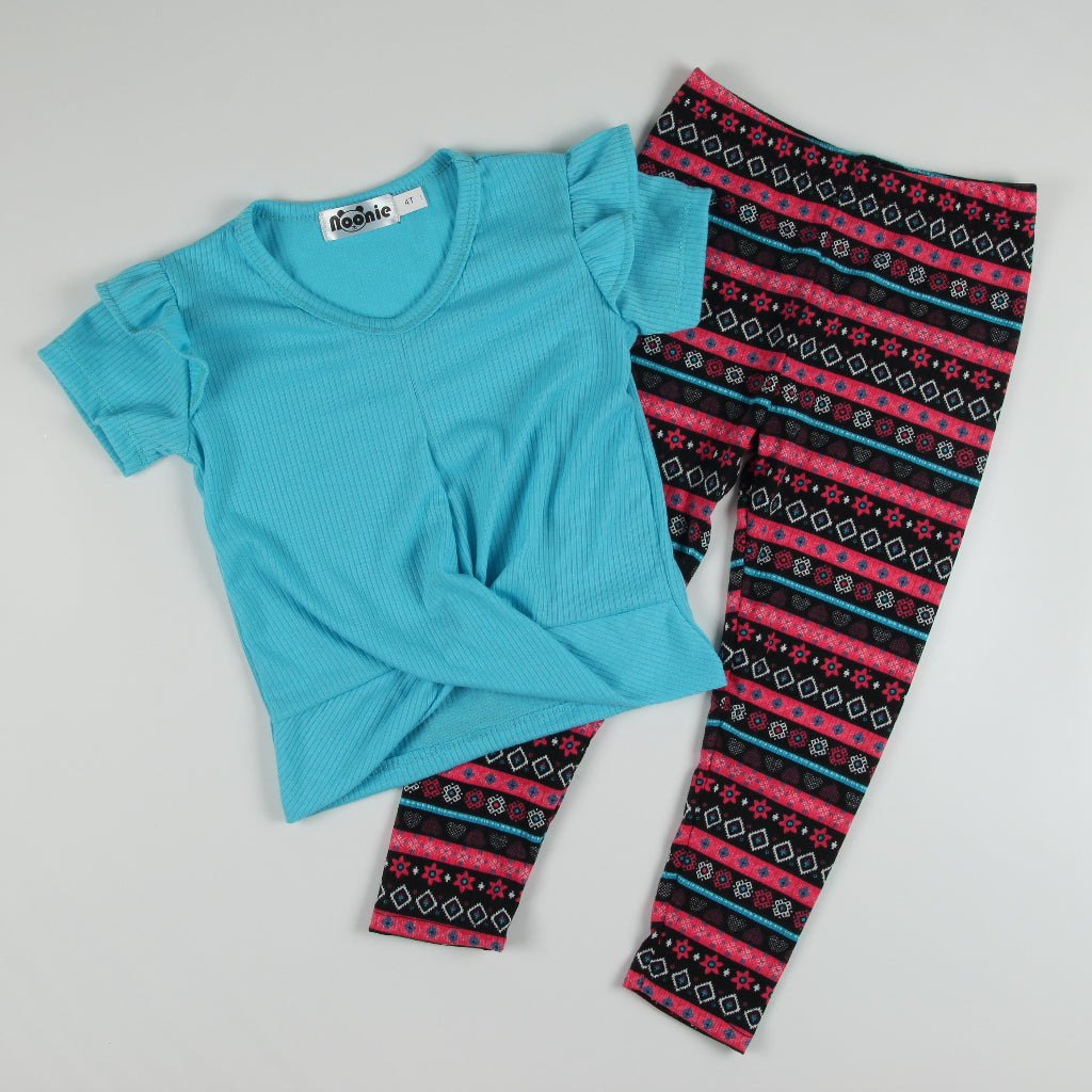 Noonie - Girls Set (2-16Y) - Stretchable Twist Hem Blouse with Leggings- Terno Outfit for kids Girl