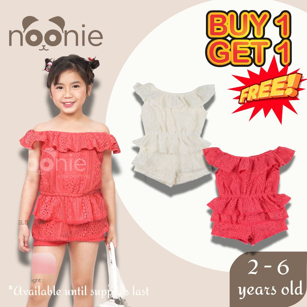 < Buy 1 Take 1 >Noonie- Girls Romper (2-7Y)- Off Shoulder Lace w/ lining Shorts Jumpsuit