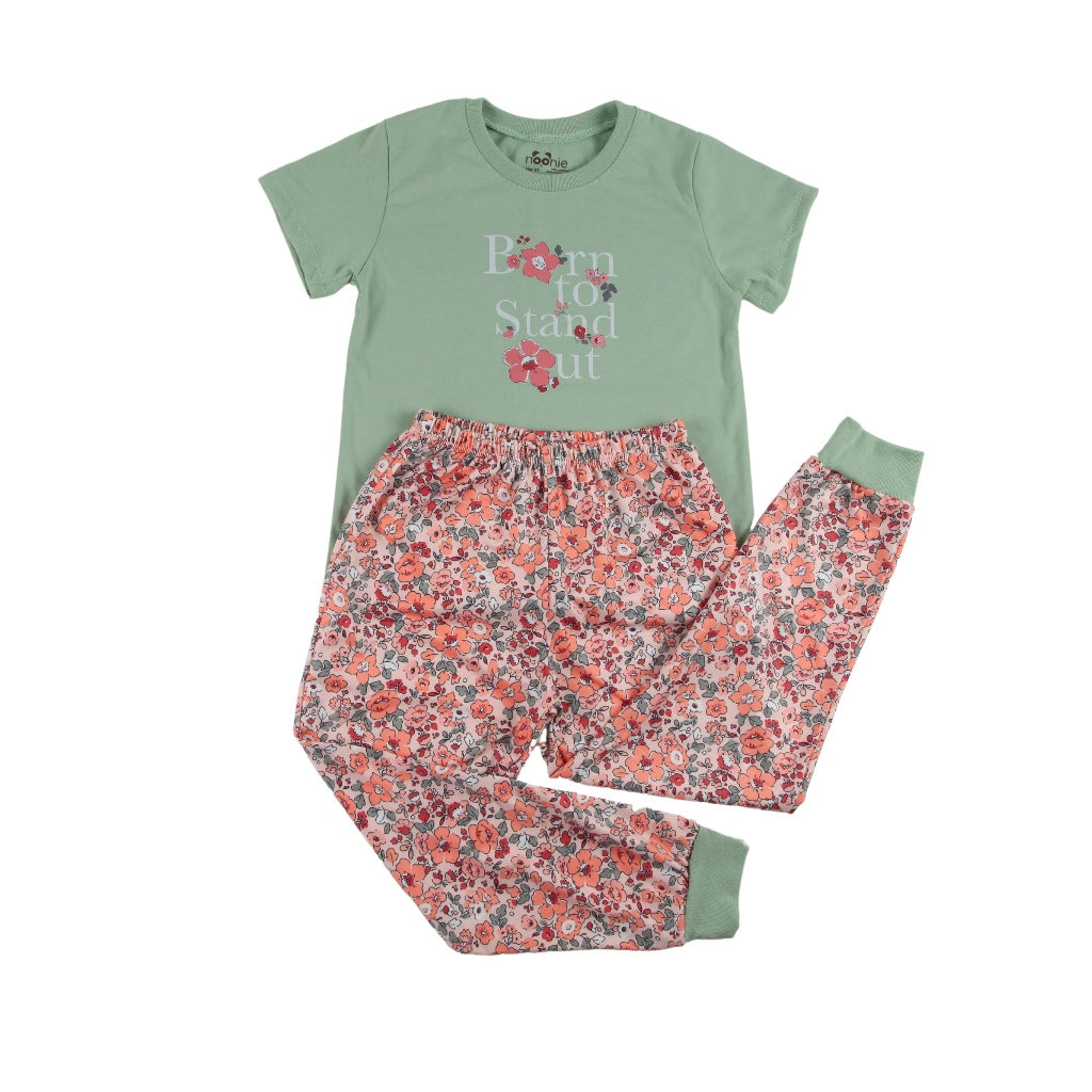 Noonie-Girls Terno-Cotton Tshirt with Graphic Print and Pajama Jogger Set