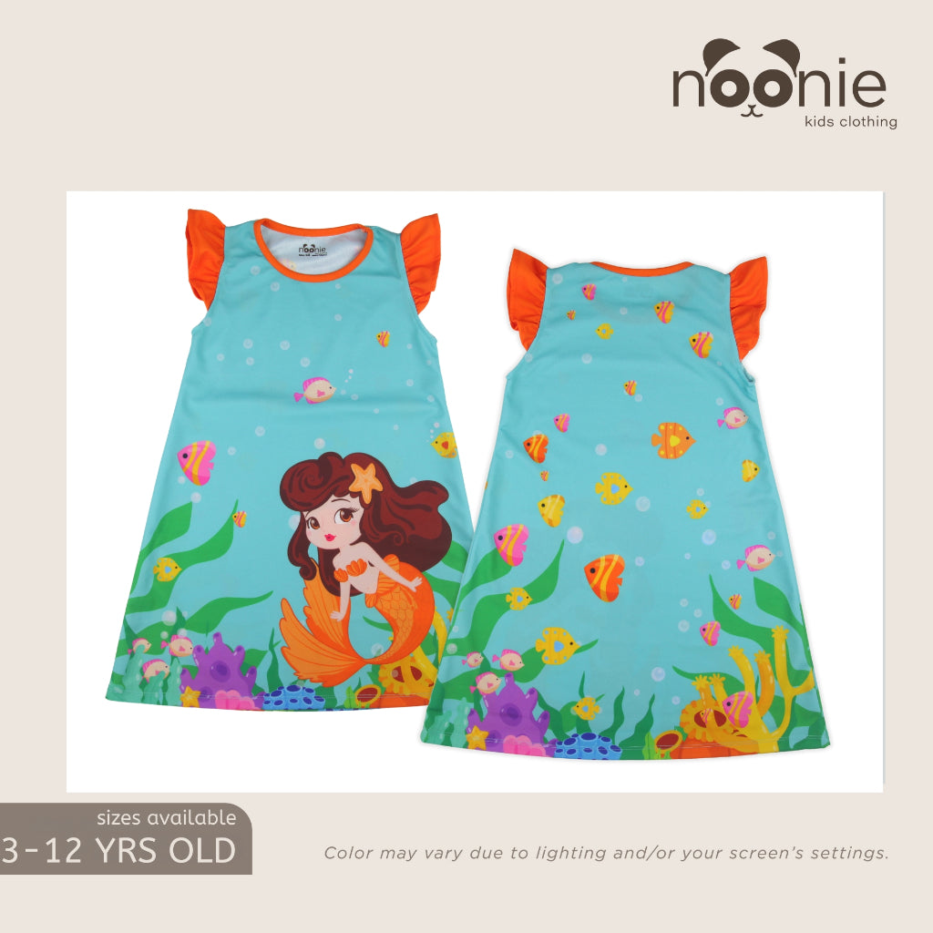 Noonie- Girls Dress (2-10Y) - Dress with Flutter 3D printed characters cartoons mermaid