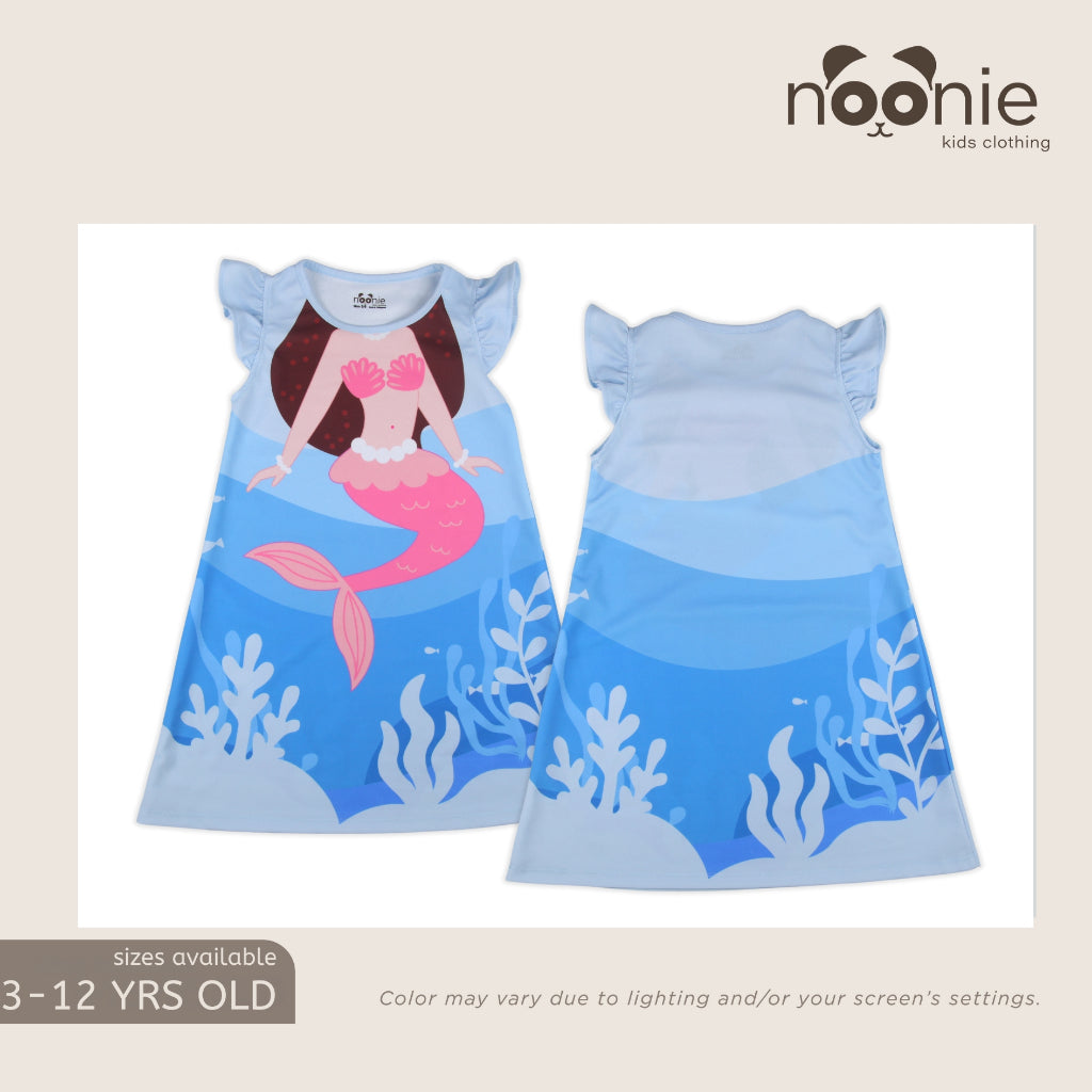 Noonie- Girls Dress (2-10Y) - Dress with Flutter 3D printed characters cartoons mermaid