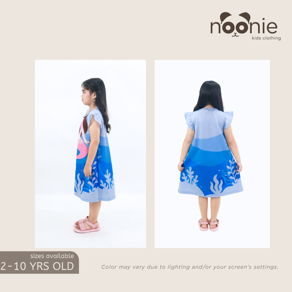 Noonie- Girls Dress (2-10Y) - Dress with Flutter 3D printed characters cartoons mermaid