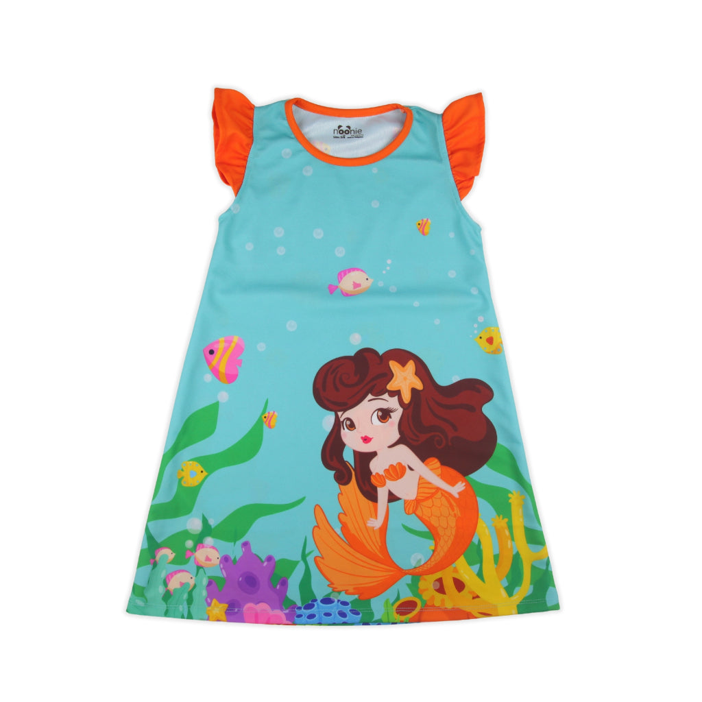 Noonie- Girls Dress (2-10Y) - Dress with Flutter 3D printed characters cartoons mermaid
