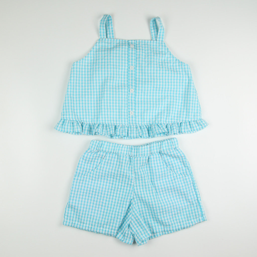 Noonie - Girls Set (2-12Y) - Cotton Seersucker Crop Top Shorts Set - Terno Outfit for Kids Girl