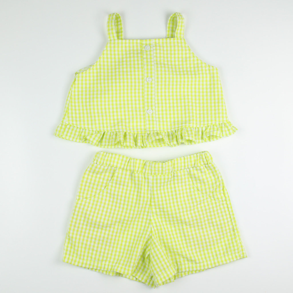 Noonie - Girls Set (2-12Y) - Cotton Seersucker Crop Top Shorts Set - Terno Outfit for Kids Girl