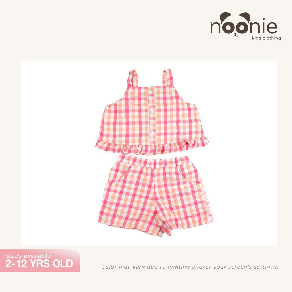 Noonie - Girls Set (2-12Y) - Cotton Seersucker Crop Top Shorts Set - Terno Outfit for Kids Girl