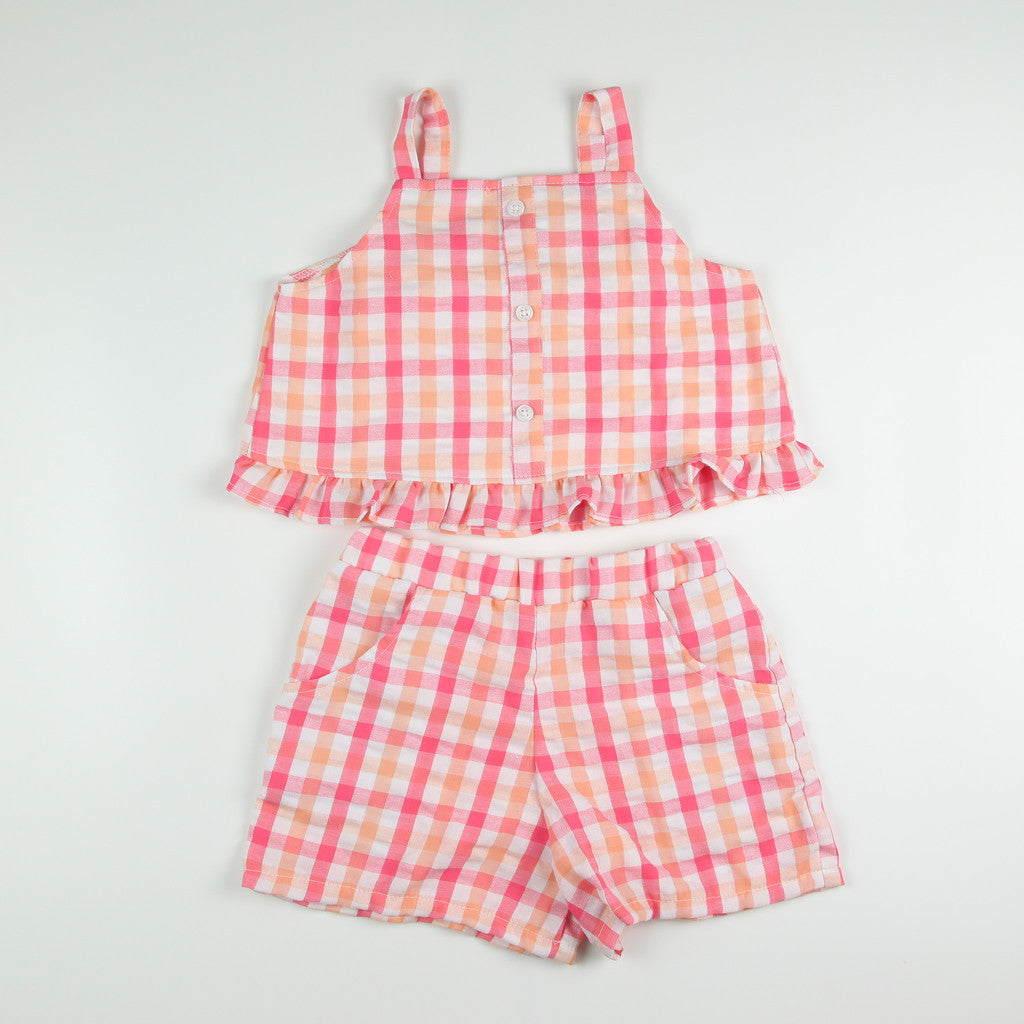 Noonie - Girls Set (2-12Y) - Cotton Seersucker Crop Top Shorts Set - Terno Outfit for Kids Girl