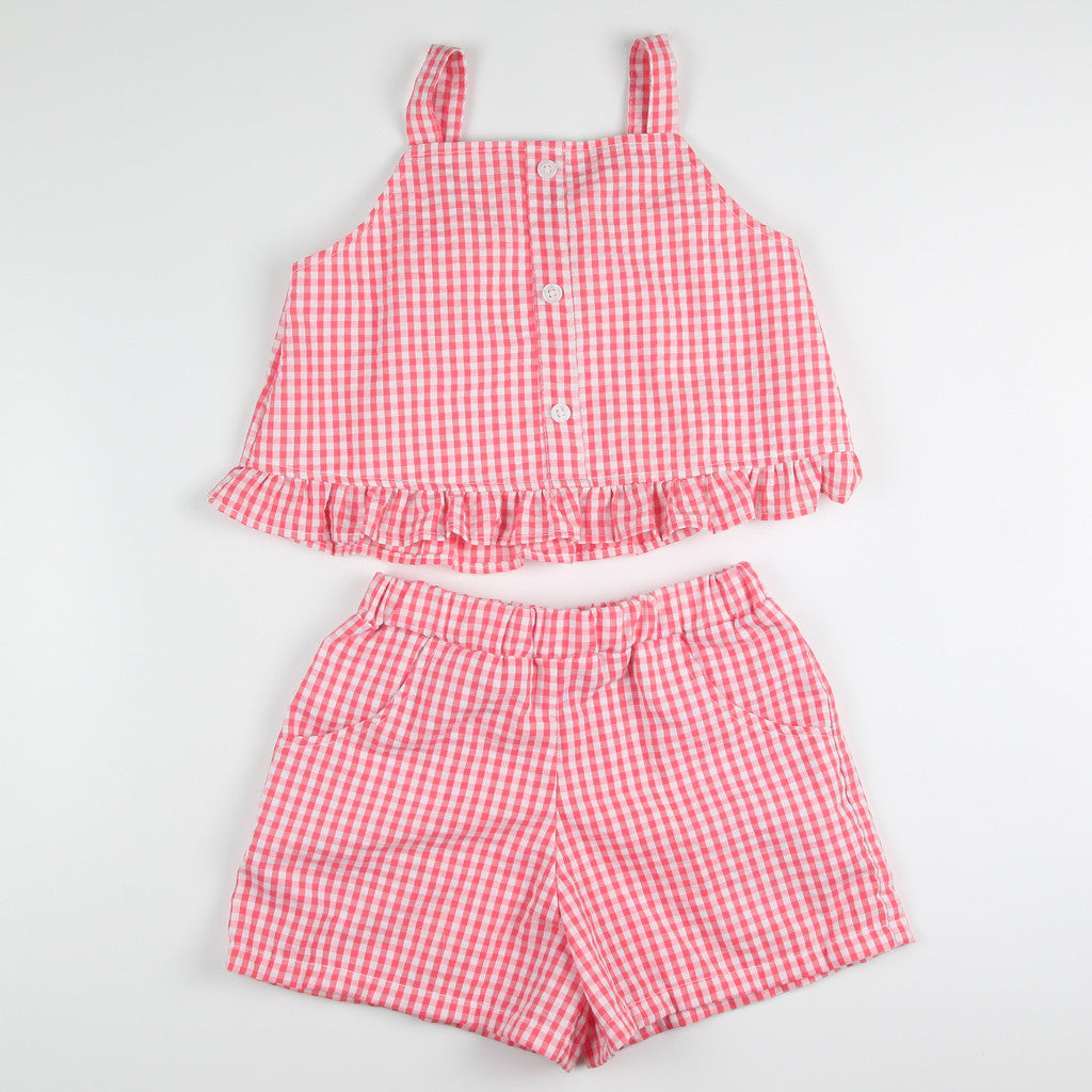 Noonie - Girls Set (2-12Y) - Cotton Seersucker Crop Top Shorts Set - Terno Outfit for Kids Girl