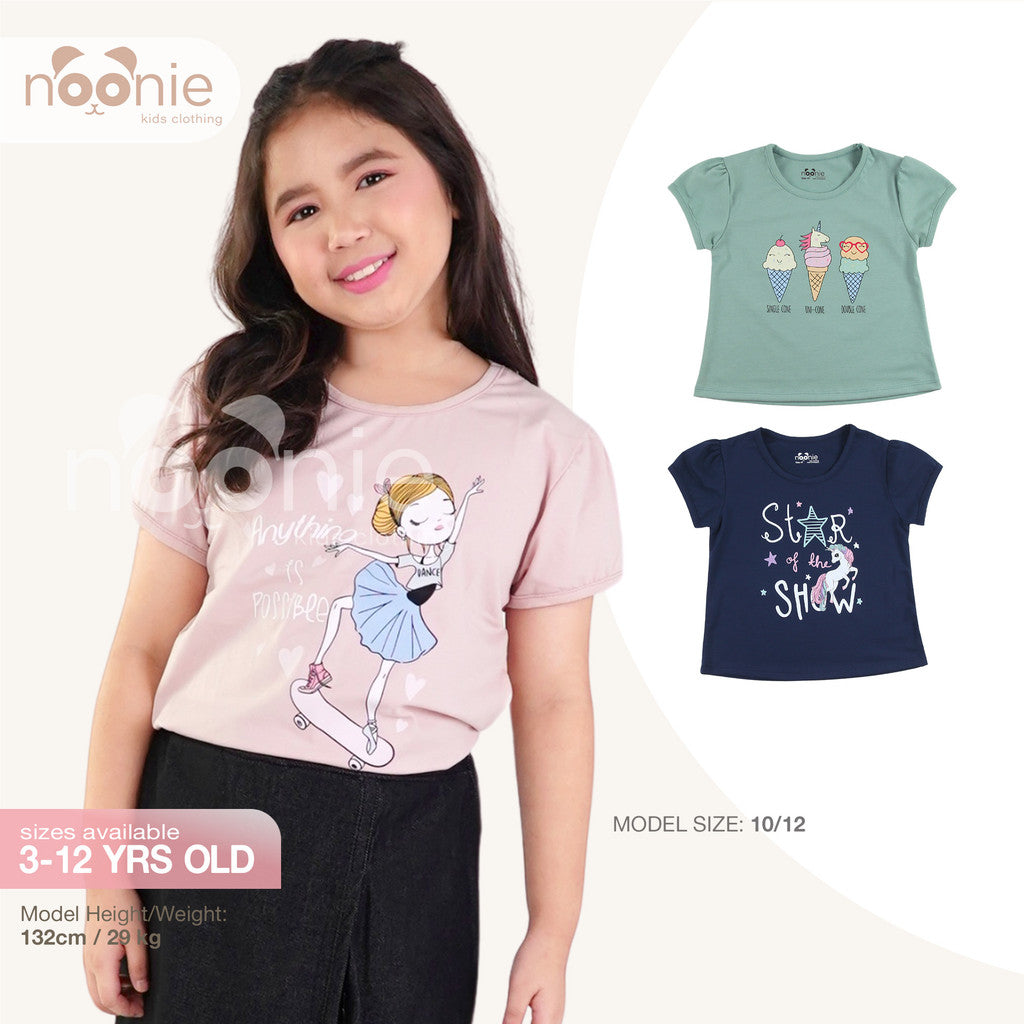 Noonie - Girls Top (3-12yo) - Cotton Jersey Round neck T-Shirt Puff Sleeves with Graphic Print