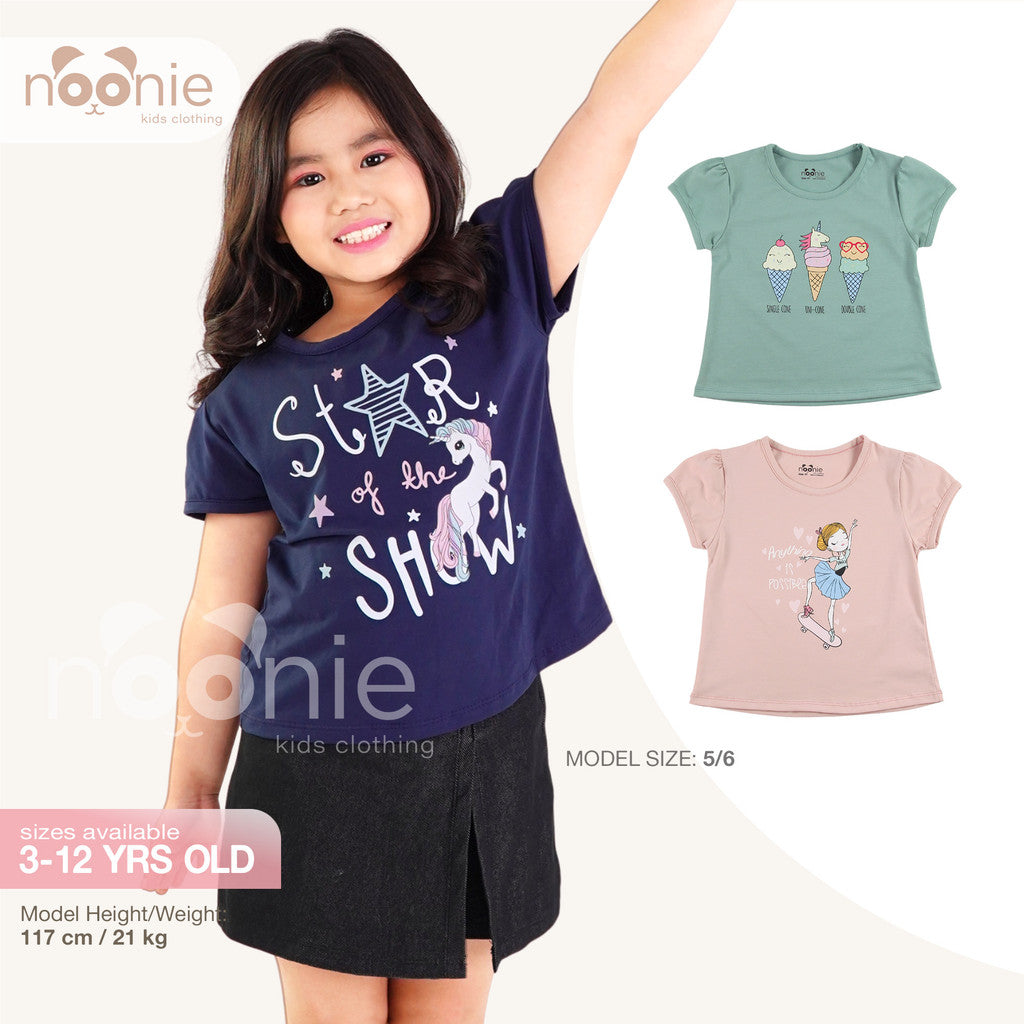 Noonie - Girls Top (3-12yo) - Cotton Jersey Round neck T-Shirt Puff Sleeves with Graphic Print