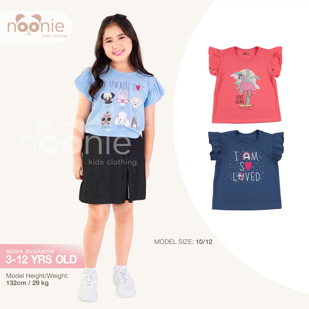 Noonie - Girls Tops (3-12yo) - Cotton Jersey Flutter Sleeves with Graphic Print Stretchable
