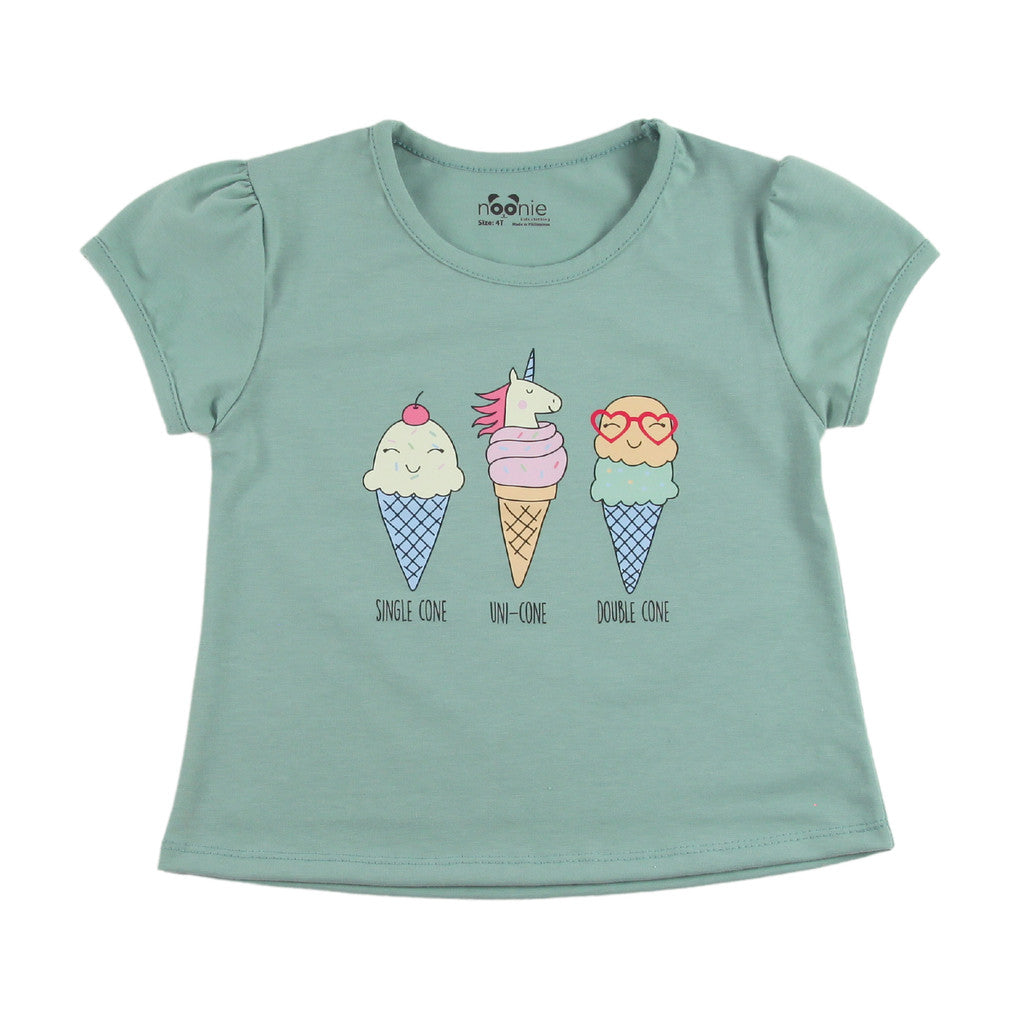 Noonie - Girls Top (3-12yo) - Cotton Jersey Round neck T-Shirt Puff Sleeves with Graphic Print