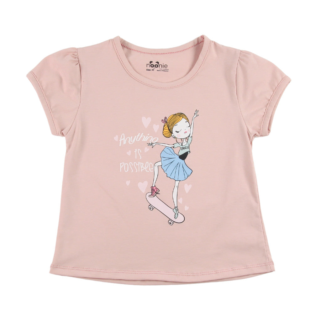 Noonie - Girls Top (3-12yo) - Cotton Jersey Round neck T-Shirt Puff Sleeves with Graphic Print
