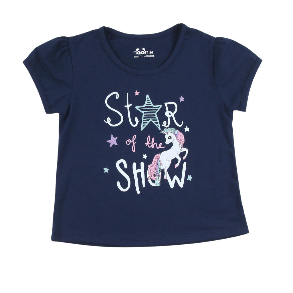 Noonie - Girls Top (3-12yo) - Cotton Jersey Round neck T-Shirt Puff Sleeves with Graphic Print