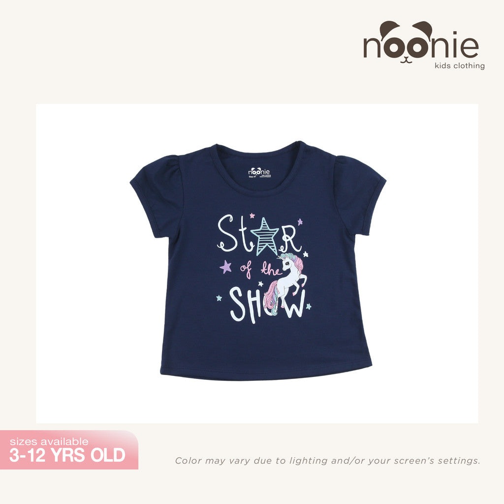 Noonie - Girls Top (3-12yo) - Cotton Jersey Round neck T-Shirt Puff Sleeves with Graphic Print