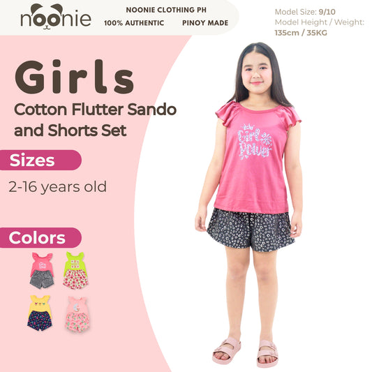 Noonie - Girls Terno - Cotton Flutter Sando and Shorts Set - Top with Graphic Print