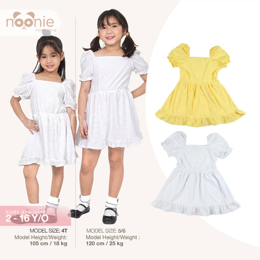 Noonie- Girls Dress (2-16Y)- Eyelet w/ lining - Kids Outfit for Girls -Puff Sleeves - Summer Beach