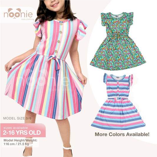 Noonie - Girls Dress (2-16Y) - Kids Outfit for Girls - Flutter Sleeves W/ Placket - Stretchable