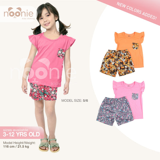Noonie - Girls Terno (2-12Y)- Cotton Flutter Sleeves and Shorts Set- Terno Outfit for Kids Girl