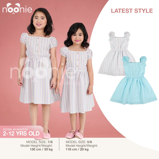 Noonie - Girls Dress (2-12Y) - Cotton Puff Sleeves - Seersucker - Kids Outfit for Girls -Comfortable