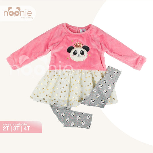 Noonie- Girls Set (2-4Y) - Peplum Sweater & Leggings - Faux Fur Panda Glittery