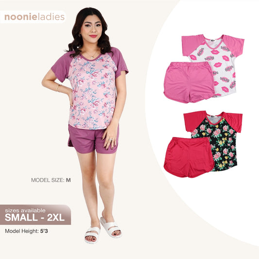Noonie- Ladies Terno (S-3XL) - Sleepwear for Women - Stretchable Raglan T shirt & Shorts Set - Plus