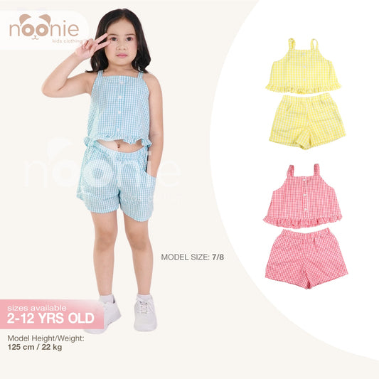 Noonie - Girls Set (2-12Y) - Cotton Seersucker Crop Top Shorts Set - Terno Outfit for Kids Girl