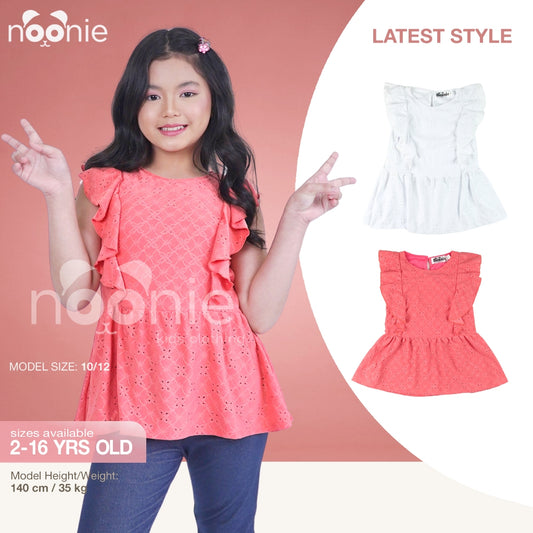 Noonie- Girls Blouse (2-16yo) - Eyelet Peplum Blouse with lining - Tops OOTD Girls Outfit