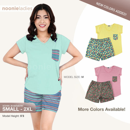 Noonie - Ladies Terno (S-2XL) - Cotton Vneck T shirt and Shorts Set- Sleepwear for Women - Plus Size
