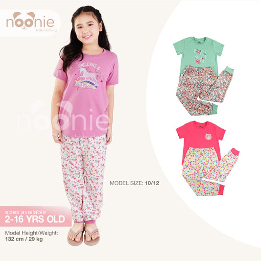 Noonie-Girls Terno-Cotton Tshirt with Graphic Print and Pajama Jogger Set
